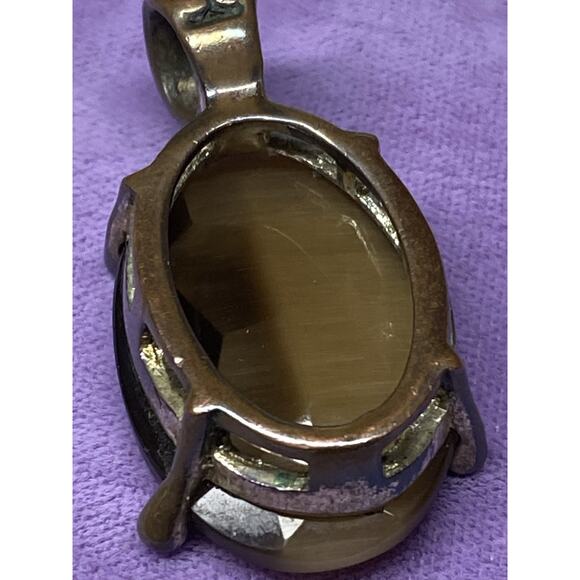 Vintage Brass Tiger’s Eye Pendant Oval Faceted Cabochon Boho Goth Fairy Artisan - Picture 9 of 13